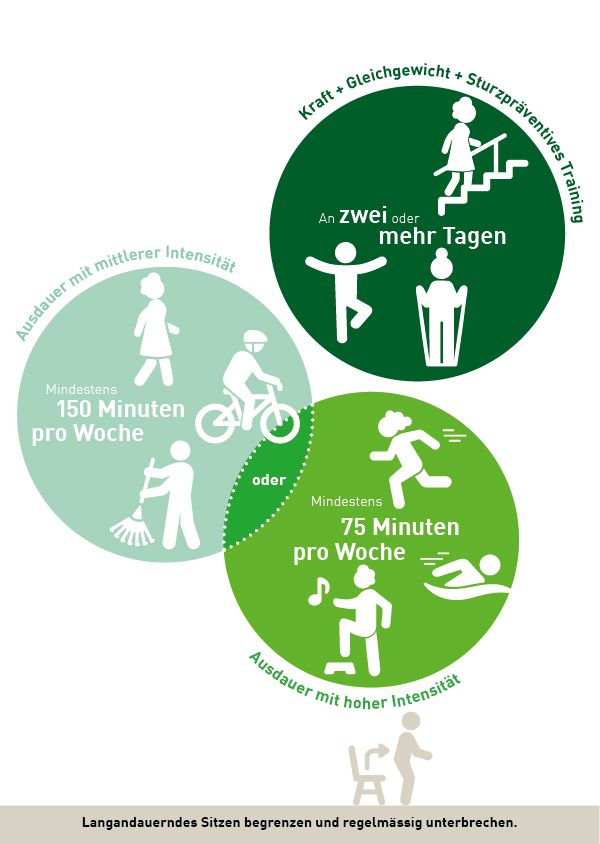 Für ältere Erwachsene wird empfohlen: Ausdauer mit mittlerer Intensität: mindestens 150 Minuten pro Woche. Oder Ausdauer mit hoher Intensität: mindestens 75 Minuten pro Woche. Kraft + Gleichgewicht + sturzpräventives Training an zwei oder mehr Tagen pro Woche.