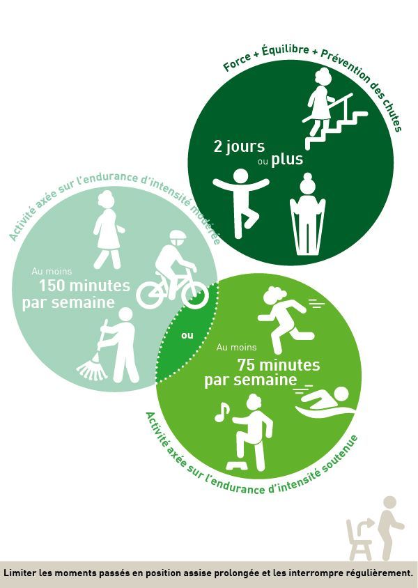 Activité physique recommandée pour les personnes âgées: Activité axée sur l’endurance d’intensité modérée: Au moins 150 minutes par semaine. Activité axée sur l’endurance d’intensité soutenue: Au moins75 minutes par semaine. Force + Équilibre + Prévention des chutes: 2 jours ou plus par semaine