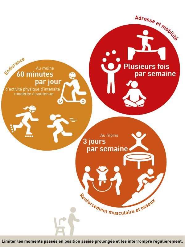 Activité physique recommandée pour les enfants et adolescents: Endurance: Au moins 60 minutes par jour d’activité physique d’intensité modérée à soutenue. Renforcement musculaire et osseux: Au moins 3 jours par semaine. Adresse et mobilité: Plusieurs fois par semaine.